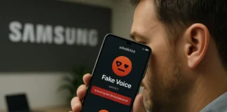 Fake voice detection concept: a hand holds a smartphone during a call while an on-device AI overlay scans the audio waveform and returns a subtle green verdict mark