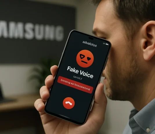 Your Phone Will Soon Spot the Fake Voice Before You Do Fake voice detection concept: a hand holds a smartphone during a call while an on-device AI overlay scans the audio waveform and returns a subtle green verdict mark
