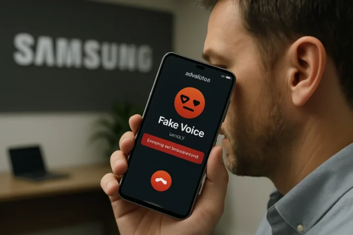 Your Phone Will Soon Spot the Fake Voice Before You Do Fake voice detection concept: a hand holds a smartphone during a call while an on-device AI overlay scans the audio waveform and returns a subtle green verdict mark
