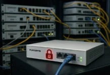 A compromised FortiGate vulnerability exposed a warehouse firewall wall of blinking network appliances in a dark data center