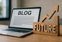The Future of Blogging: Changing, Not Disappearing — The Final Verdict Future of blogging verdict — a Filipino publisher reviewing an owned website's growth chart as platforms and AI search evolve