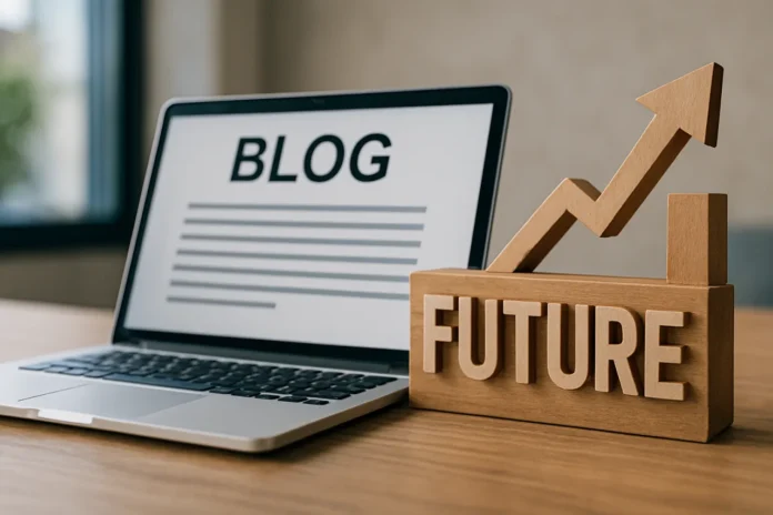 The Future of Blogging: Changing, Not Disappearing — The Final Verdict Future of blogging verdict — a Filipino publisher reviewing an owned website's growth chart as platforms and AI search evolve