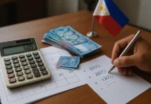 Holiday pay computation Philippines — a payroll clerk computing 200% holiday rates with a Filipino worker's payslip and calendar