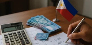 Holiday pay computation Philippines — a payroll clerk computing 200% holiday rates with a Filipino worker's payslip and calendar