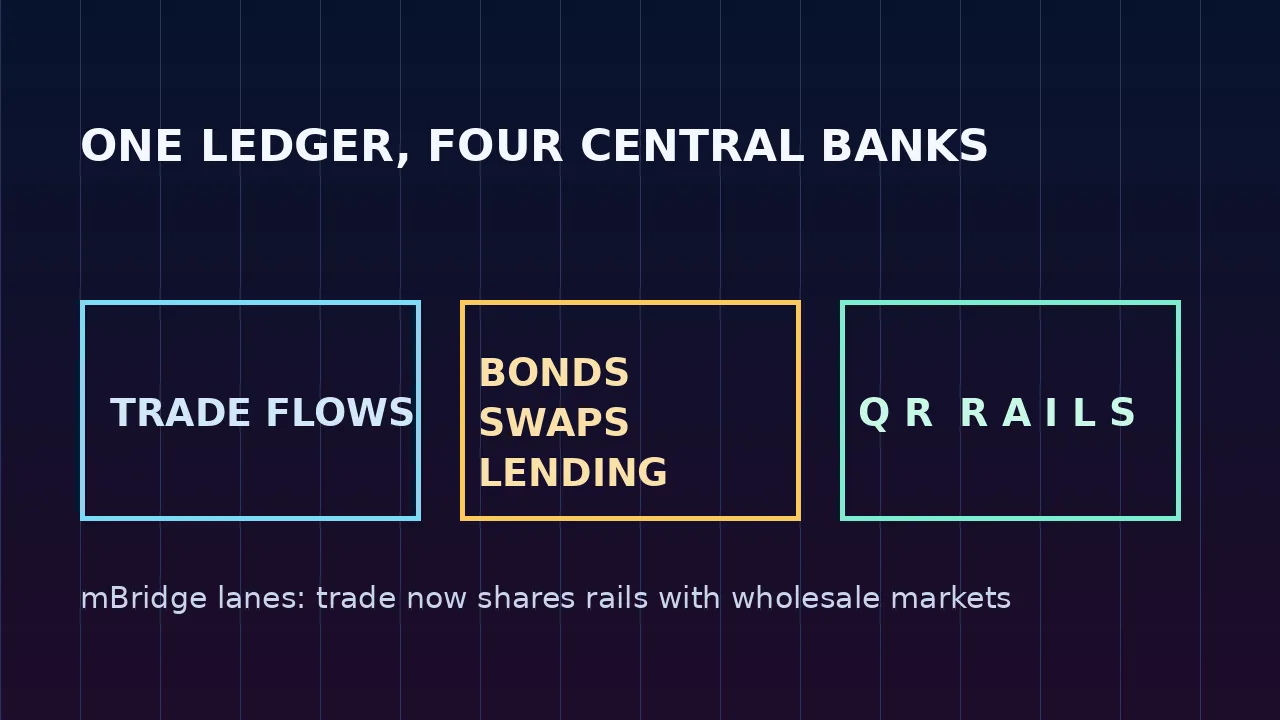 Digital Yuan Goes Institutional: mBridge Enters Bonds and Swaps 1 mBridge lanes diagram: trade flows, bonds swaps and lending, and QR rails sharing one digital yuan ledger across four central banks.