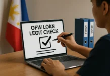 OFW loan legit check - worker verifying a lending app against SEC and BSP registries before borrowing