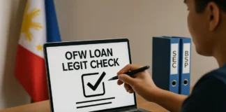 OFW loan legit check - worker verifying a lending app against SEC and BSP registries before borrowing