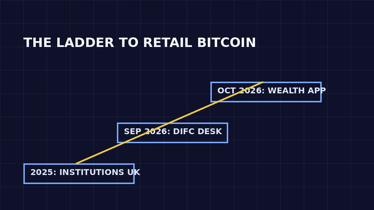 Standard Chartered Opens Bitcoin and Ethereum Trading in UAE 2 Standard Chartered Bitcoin launch ladder: institutional trading in 2025 rising through the DIFC desk to the October 2026 wealth app launch.