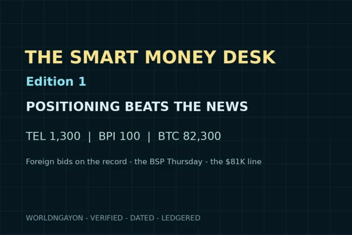 Smart Money Desk edition 1 artwork: PLDT 1300, BPI 100 and BTC 82300 on the desk board - positioning beats the news with a dated ledger.
