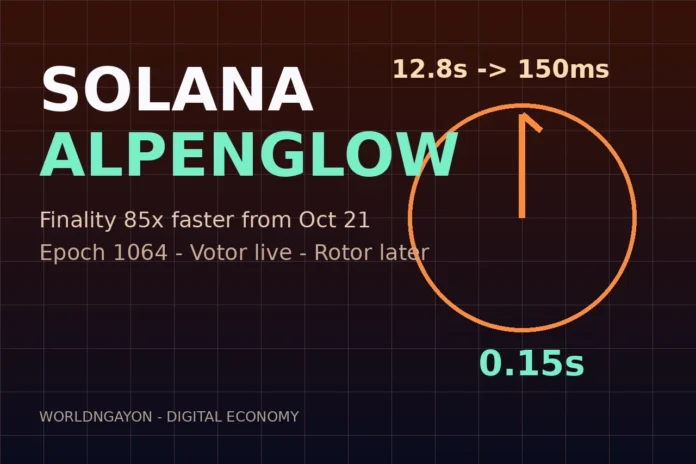 solana-alpenglow-test-150ms-1791974058 Solana Alpenglow dial graphic: 12.8 seconds dropping to 150 milliseconds for the Oct 21 mainnet finality upgrade via Votor.