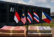 Southeast Asia AI infrastructure — a hyperscale data center campus at dusk with server halls lighting up across Indonesia, Thailand, Singapore and the Philippines