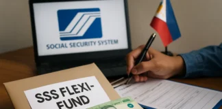 SSS Flexi-Fund for OFWs — a Filipino overseas worker reviewing savings documents with a calculator and government fund forms