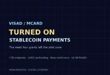 Stablecoin payments artwork: Visa and Mastercard switch on live stablecoin payment rails across networks, cards and bank cores.