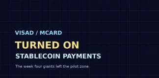 Stablecoin payments artwork: Visa and Mastercard switch on live stablecoin payment rails across networks, cards and bank cores.