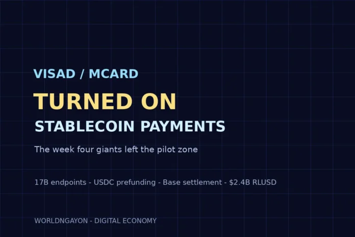 stablecoin-payments-visa-mastercard-1792213624 Stablecoin payments artwork: Visa and Mastercard switch on live stablecoin payment rails across networks, cards and bank cores.