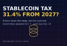 Stablecoin Tax: What France’s New Levy Means for Holders Stablecoin tax artwork: euro coin stack under French-inspired styling illustrating France's 31.4 percent levy on regulated stablecoin swaps from 2027.