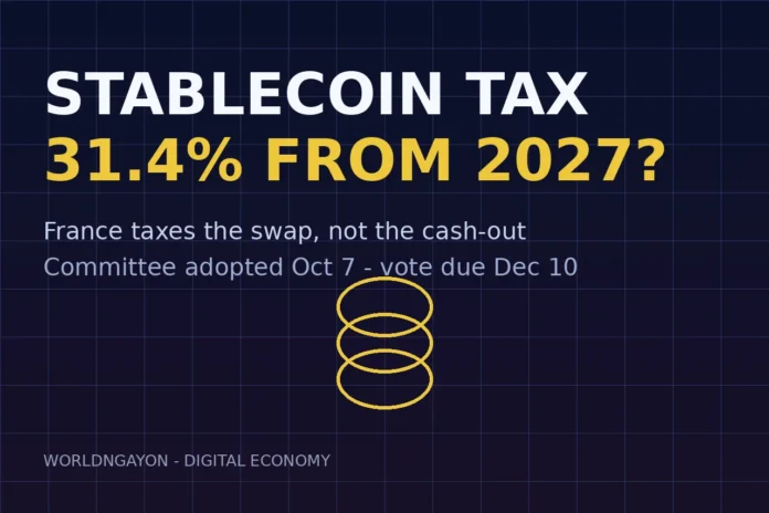 Stablecoin tax artwork: euro coin stack under French-inspired styling illustrating France's 31.4 percent levy on regulated stablecoin swaps from 2027.