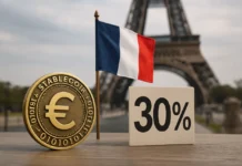 Stablecoin Tax France: The 2027 30% Levy, 5 Facts for Holders Stablecoin tax France — euro coins, a stablecoin token and a French tax document on a desk