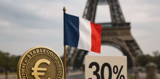 Stablecoin tax France — euro coins, a stablecoin token and a French tax document on a desk