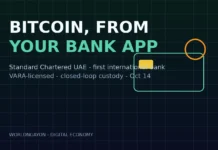 Standard Chartered Opens Bitcoin and Ethereum Trading in UAE Standard Chartered Bitcoin trading artwork: a bank card beside a Bitcoin coin marking the UAE launch of in-app crypto purchases under VARA licensing.