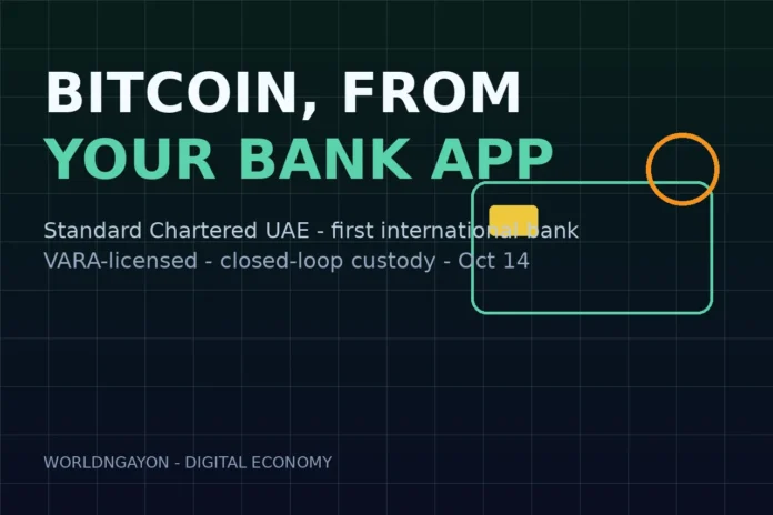 standard-chartered-opens-bitcoin-ethereum-trading-uae-1791974058 Standard Chartered Bitcoin trading artwork: a bank card beside a Bitcoin coin marking the UAE launch of in-app crypto purchases under VARA licensing.