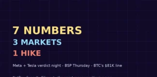 Stocks to watch this week map artwork: seven numbers across three markets with the BSP hike decision and Meta Tesla earnings night.