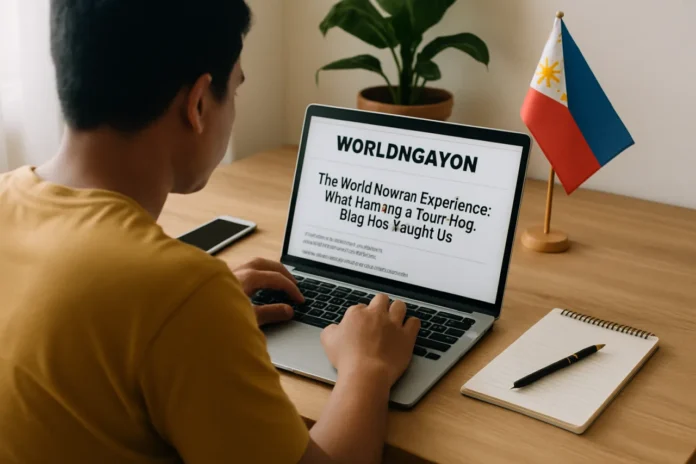 The WorldNgayon Experience: What Running a Real Blog Has Taught Us WorldNgayon experience — two Filipino writers at a shared desk reviewing a blog editorial calendar