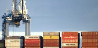 ZPMC container cranes at a port terminal at dusk — the port machinery maker named on the n0n 38-company ransom leak list